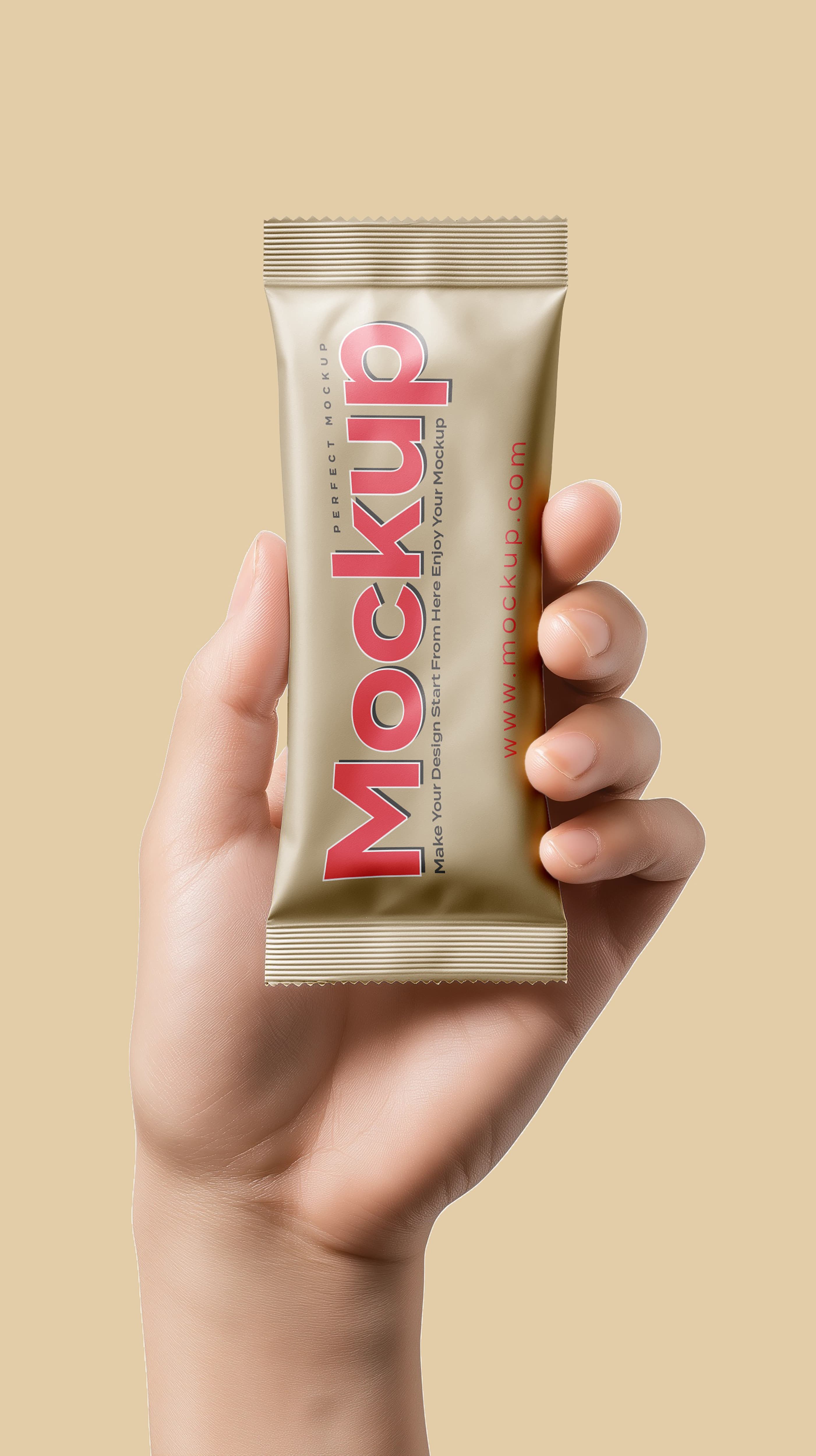 Realistic Handheld Snack Bar Packaging Mockup Beige Background